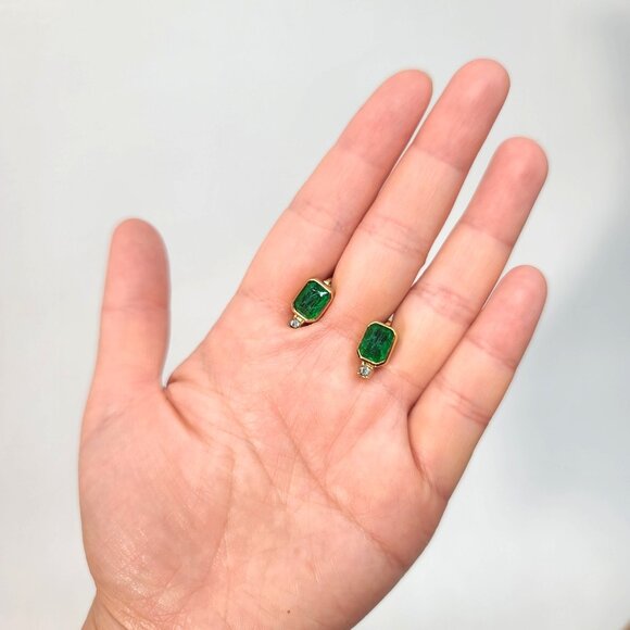 Chr. Dior Gold Tone Green Gripoix Emerald Glass Clip Earrings w Clear Crystals - Picture 2 of 7
